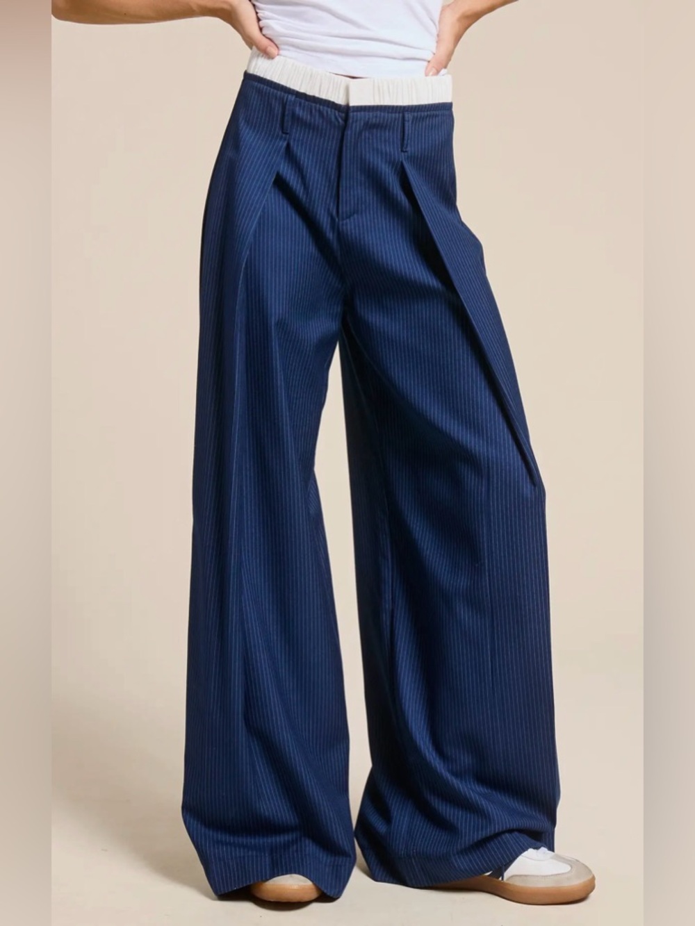 NWT Mimosa Blue Pinstripe Wide Leg Pants With Contrast Waistband - Picture 3 of 10